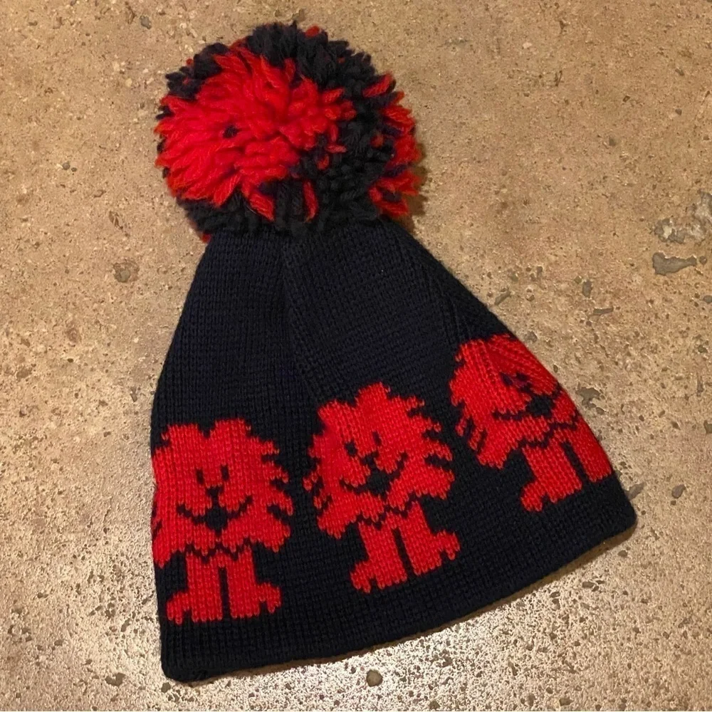 Vintage SMILEY Kids Navy Red 100% Wool Lion Pom Pom Knit Beanie One Size-Unisex
